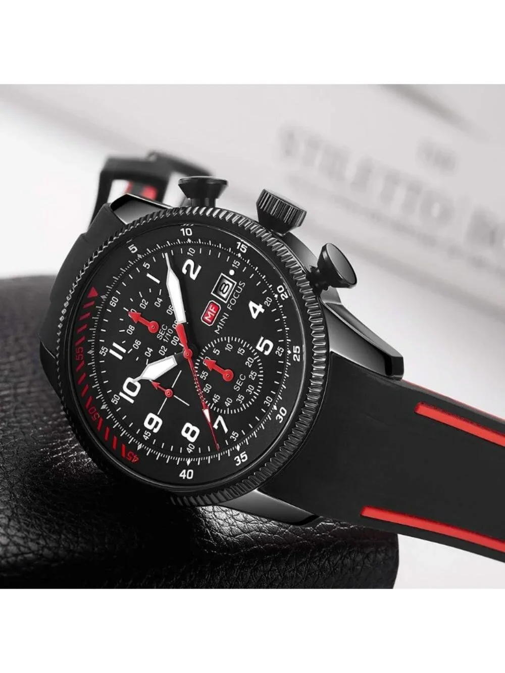 Men Black Red Analog Quartz Waterproof Chronograph Classic Stylish Casual Watch